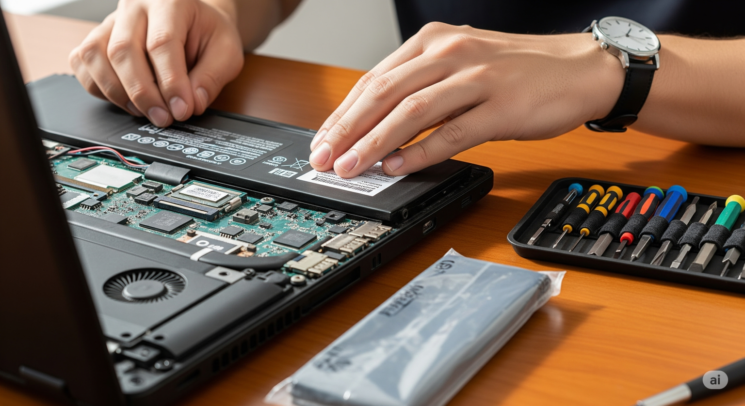 明るい机の上で、裏蓋が開けられたノートパソコンのバッテリーを自分で交換している様子。横には精密ドライバーなどの工具が置かれている。