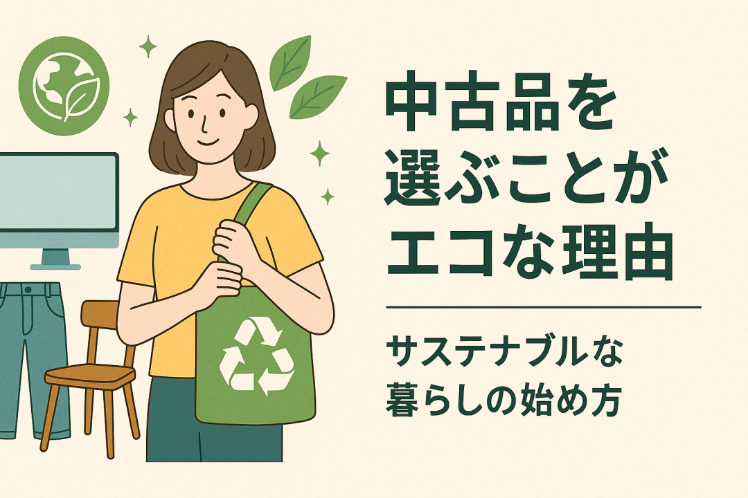 「中古品を選ぶことがエコな理由｜サステナブルな暮らしの始め方」というタイトルが書かれた横長バナー画像。緑色のリサイクルマーク入りトートバッグを持った若い女性が中央に描かれており、背景には中古の椅子、ジーンズ、モニターが配置されている。全体的にナチュラルな色合いで、環境にやさしい暮らしを象徴する葉や地球のアイコンも添えられている。