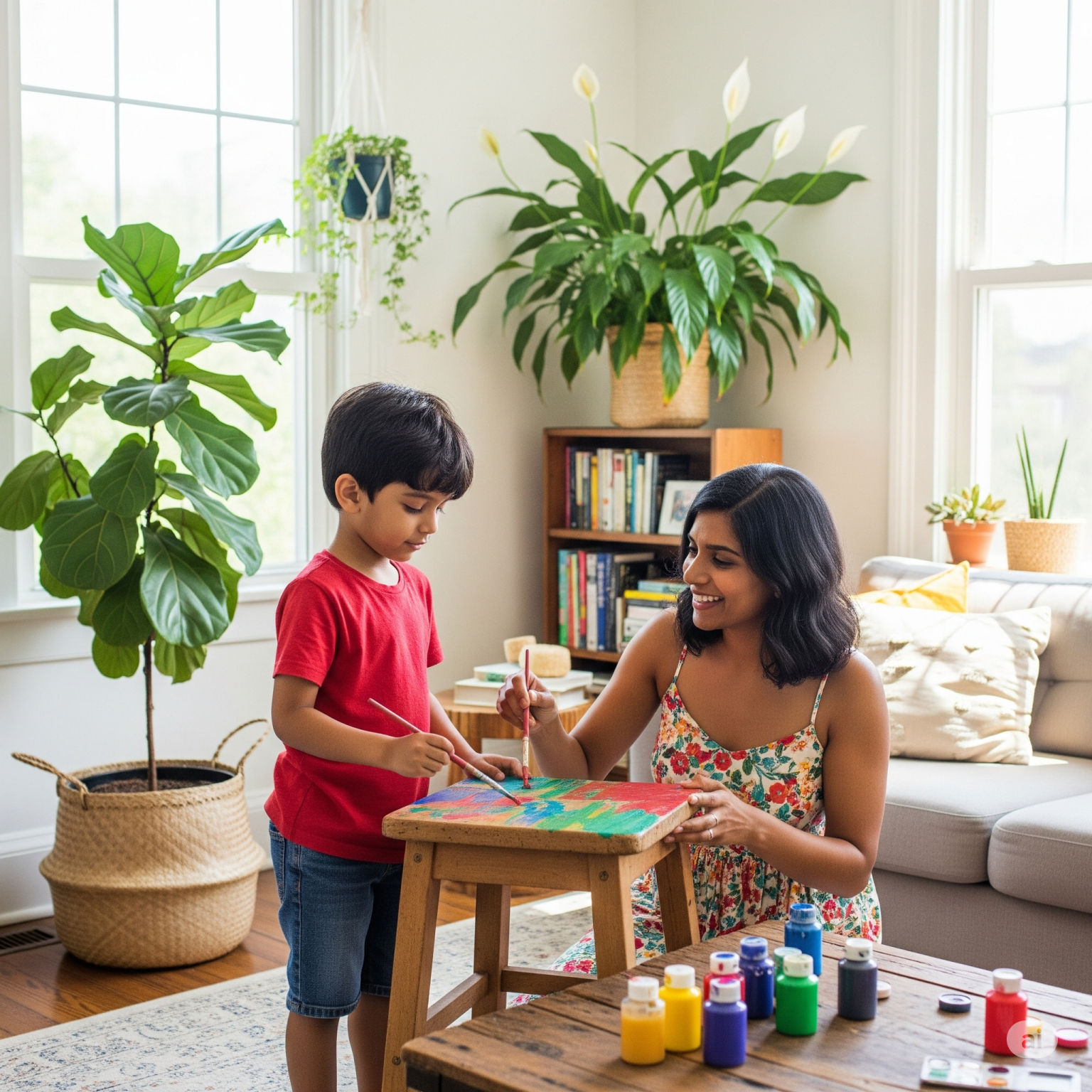 日当たりの良い明るいリビングで、親子が古い木製のスツールに仲良くペンキを塗っている画像。家庭でできるリユースを楽しみながら実践し、サステナブルな暮らしを送る様子を表現しています。