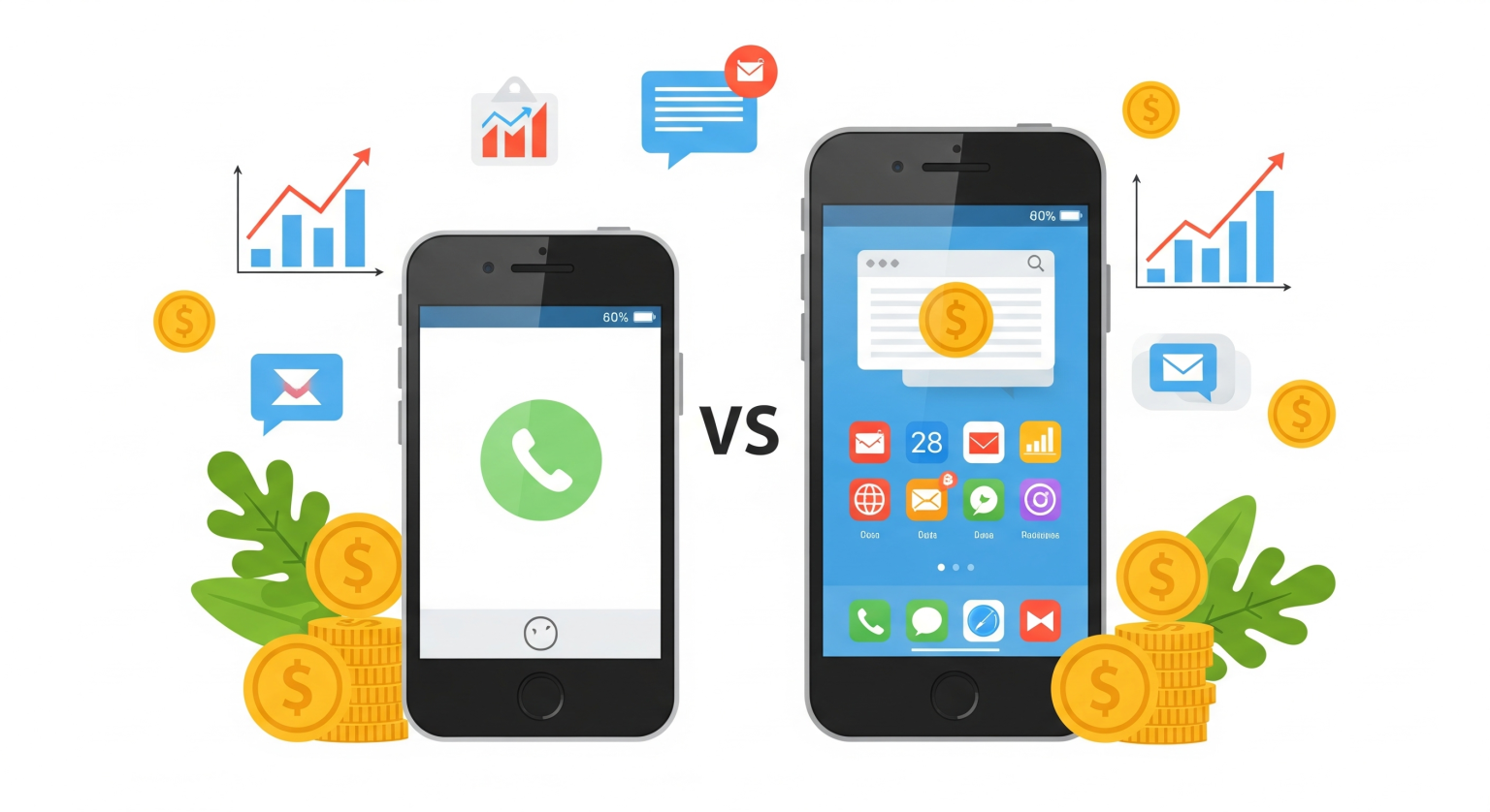 スマホ2台持ちによる通信費節約をテーマにしたイラスト。通話用のシンプルなスマートフォンと、データ通信用の多機能なスマートフォンの間に豚の貯金箱が描かれており、背景のグラフやコインが賢い節約を象徴している。