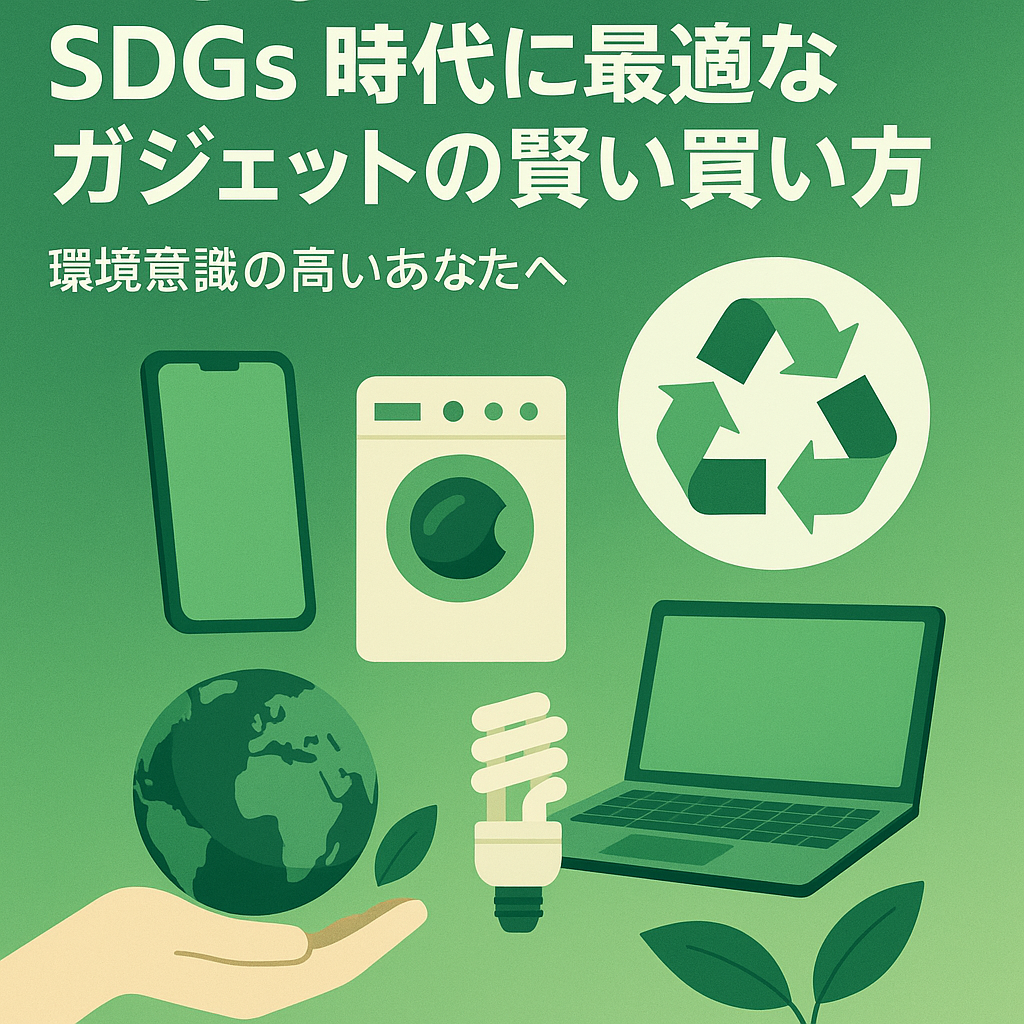 「SDGs時代に最適なガジェットの賢い買い方」というタイトルが中央上部に配置され、リサイクルマーク、スマートフォン、ノートパソコン、洗濯機、電球、地球、植物などのイラストが緑を基調とした背景に並ぶ、環境意識の高いガジェット選びを象徴する画像。