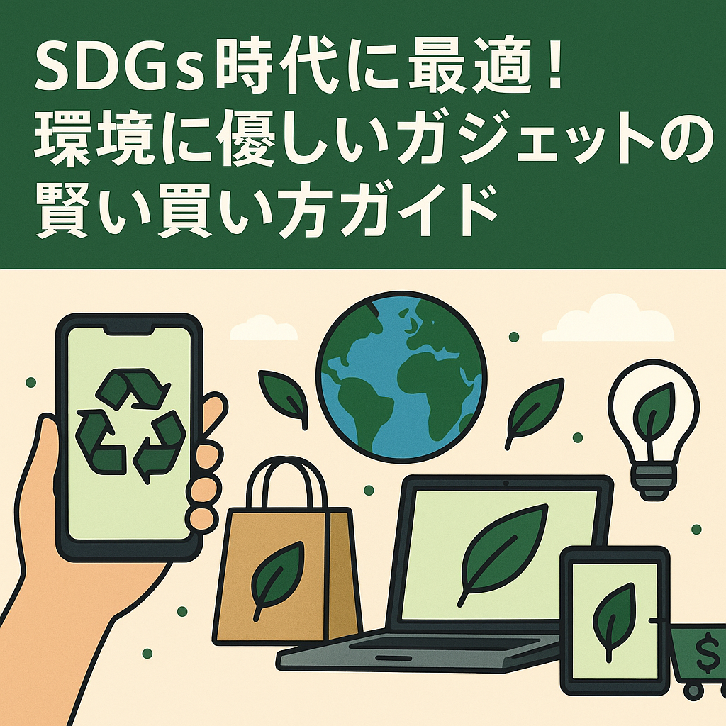 「SDGs時代に最適！環境に優しいガジェットの賢い買い方ガイド」というタイトルが上部に配置された横長のイラスト。下部にはリサイクルマークが表示されたスマートフォンを持つ手、葉のアイコンが描かれたノートパソコンやタブレット、紙袋、地球、電球などのエコガジェットが並ぶ。背景はナチュラルな色合いで、持続可能性や環境配慮をイメージさせるデザイン。