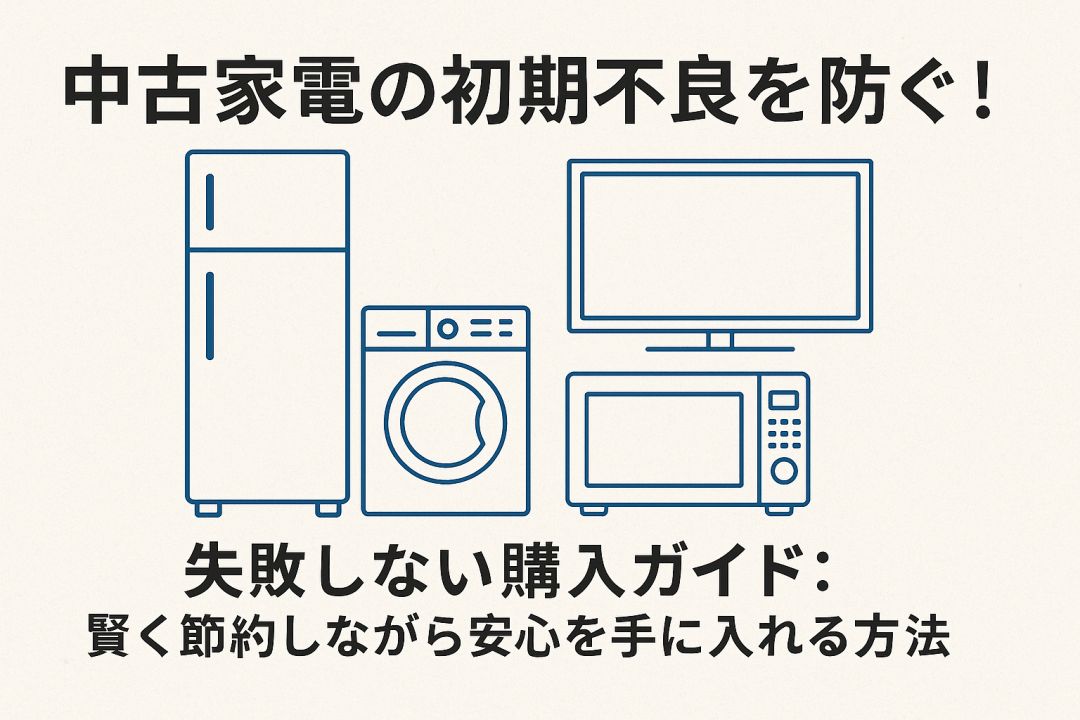 「中古家電の初期不良を防ぐ！」という見出しとともに、冷蔵庫・洗濯機・テレビ・電子レンジのイラストが並び、下部に「失敗しない購入ガイド：賢く節約しながら安心を手に入れる方法」と書かれた横長の日本語インフォグラフィック画像。