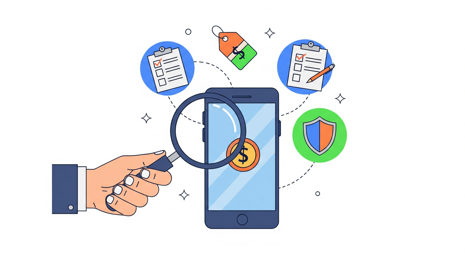 中古スマホの選び方をテーマにしたイラスト。虫眼鏡を使ってスマートフォンを念入りにチェックしており、背景には「チェックリスト」「安全性を示す盾」「価格タグ」のアイコンが描かれ、購入前にしっかり確認する様子を示している。