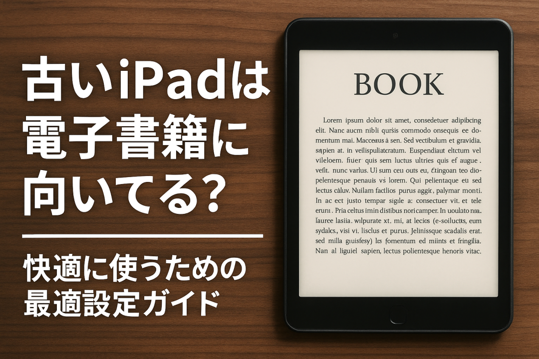 木目のデスクの上に古いiPadが置かれており、画面には「BOOK」と表示された電子書籍が開かれている。左側には白い太字の日本語で「古いiPadは電子書籍に向いてる？快適に使うための最適設定ガイド」と書かれている、横長のアイキャッチ画像。