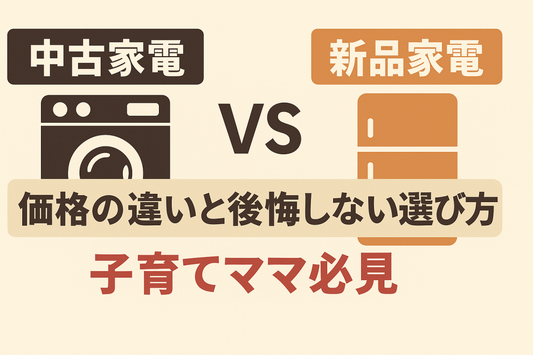 「中古家電VS新品家電」の比較を示す横長の日本語インフォグラフィック。洗濯機と冷蔵庫のアイコンを背景に、「価格の違いと後悔しない選び方 子育てママ必見」と大きく記載。ベージュを基調としたシンプルで視認性の高いデザイン。