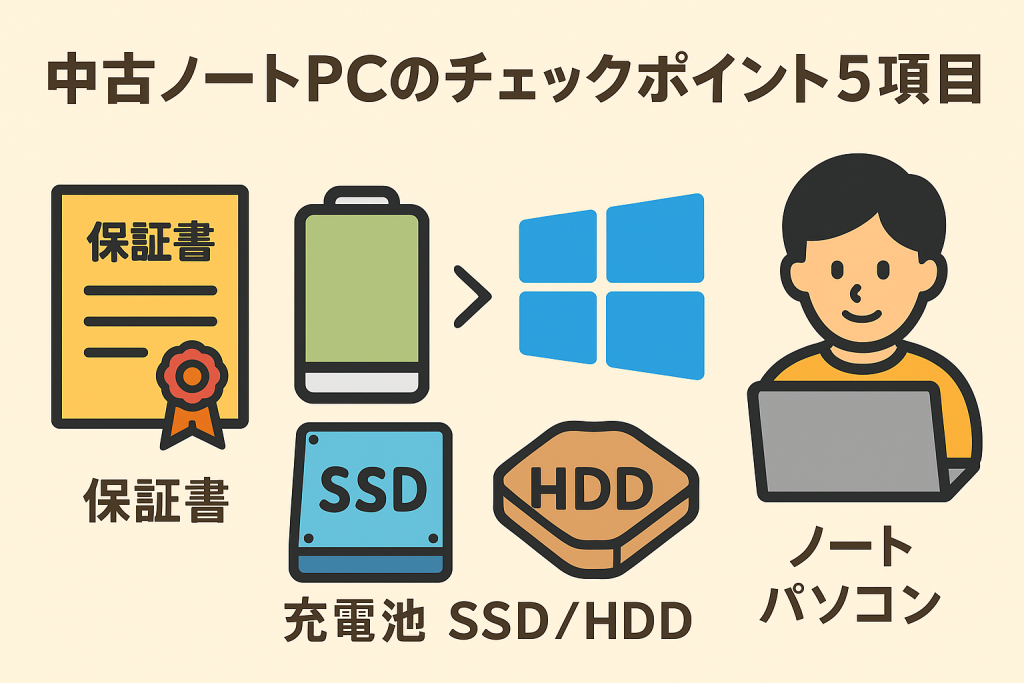 中古ノートPCを選ぶ際のチェックポイント5項目をイラスト化。保証書・バッテリー・SSD/HDD・OS・使用目的に合うかを示すアイコン付き。