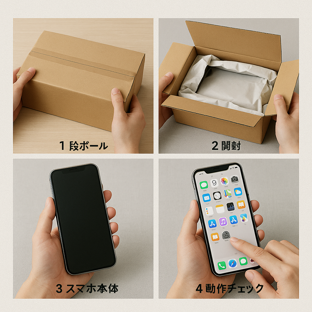 イオシスで中古スマホを購入した流れを簡潔に説明した4ステップのイメージ図。