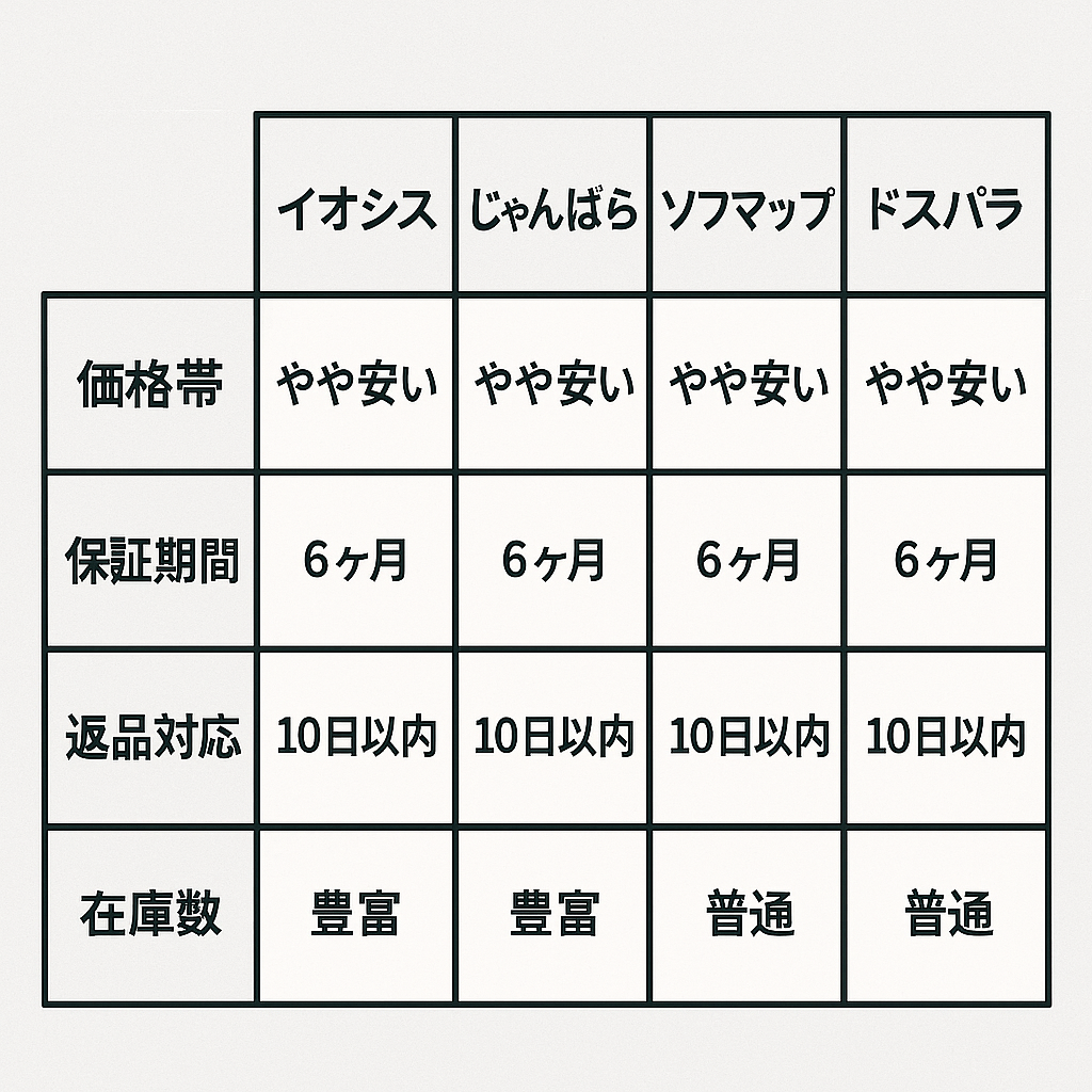 イオシスと主要な中古スマホショップのサービスを比較した一覧表。選び方の参考に。