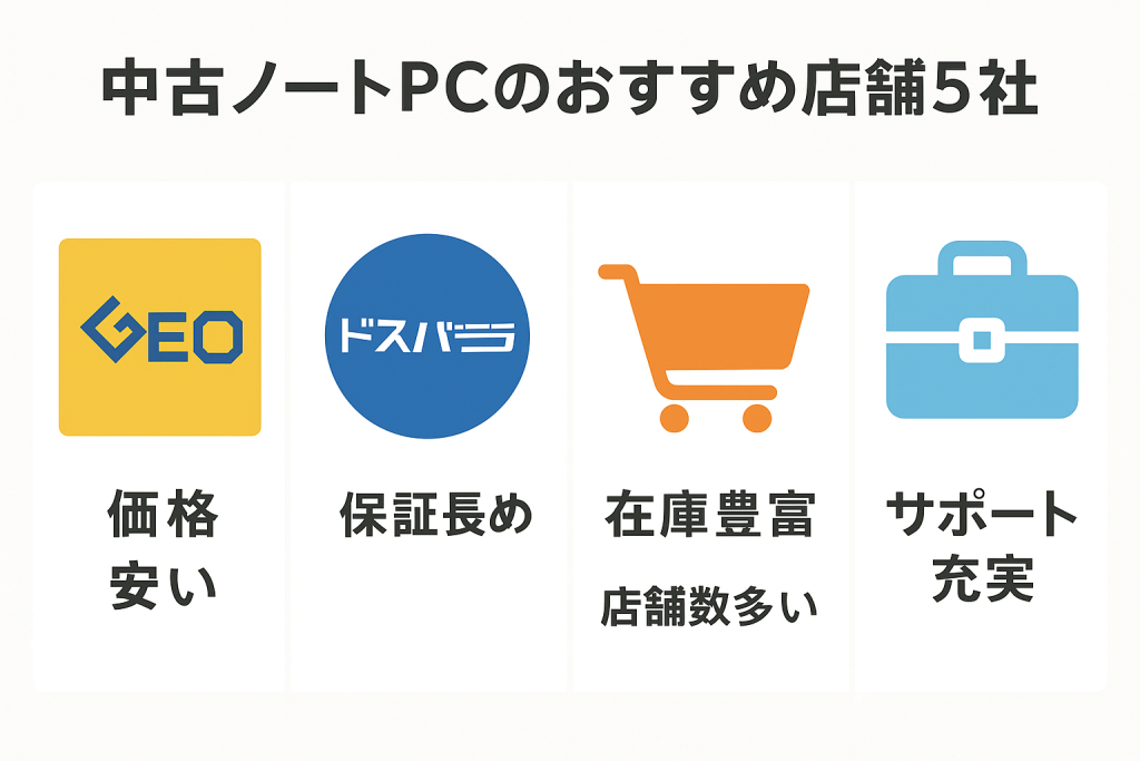 中古ノートパソコン購入におすすめの5店舗を横一列に比較。各店舗のロゴや特徴（価格の安さ、保証、在庫、サポート）をイラストで表現した一覧図。