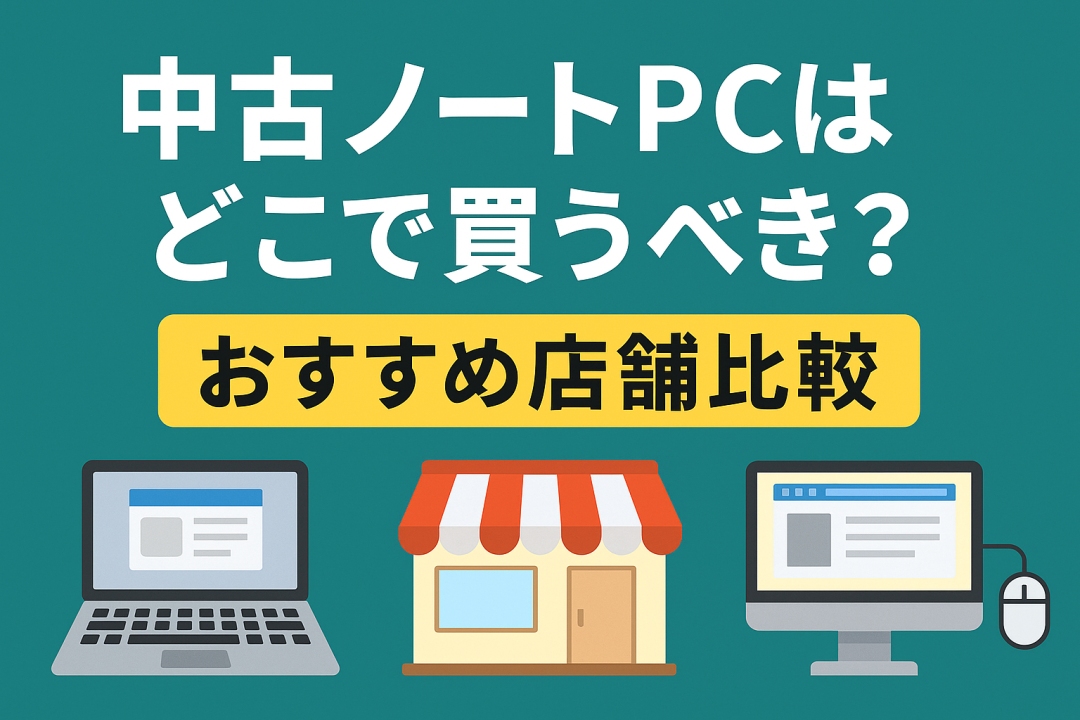 中古ノートパソコンの購入先に悩む人向けのアイキャッチ画像。中央に「おすすめ店舗比較」の文字と、ノートPC・店舗・デスクトップのアイコンが並ぶ。